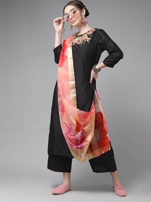 Indo Era Black Embroidered Straight Kurta Palazzo With Dupatta Set 1
