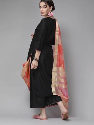 Indo Era Black Embroidered Straight Kurta Palazzo With Dupatta Set 2