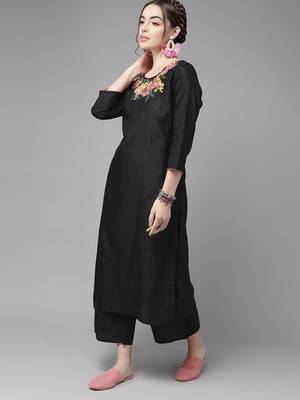 Indo Era Black Embroidered Straight Kurta Palazzo With Dupatta Set 3