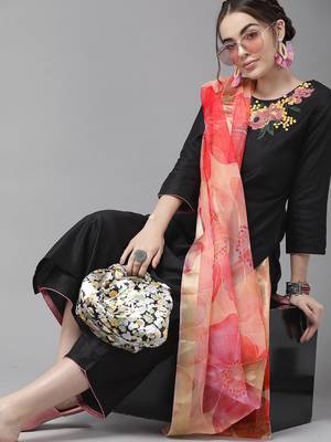 Indo Era Black Embroidered Straight Kurta Palazzo With Dupatta Set 4