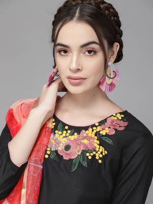 Indo Era Black Embroidered Straight Kurta Palazzo With Dupatta Set 5
