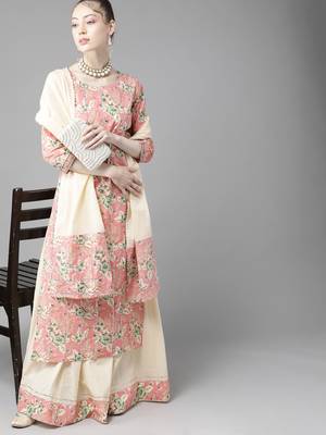 Indo Era Pink Floral Printed Straight Kurta Skirt with Dupatta Set 1
