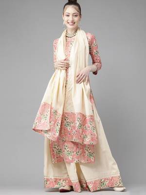 Indo Era Pink Floral Printed Straight Kurta Skirt with Dupatta Set 4