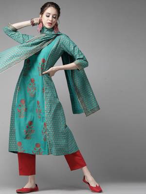 Indo Era Green Floral Printed A-Line Kurta Trouser With Dupatta Set 1