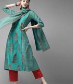 Indo Era Green Floral Printed A-Line Kurta Trouser With Dupatta Set