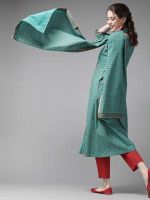 Indo Era Green Floral Printed A-Line Kurta Trouser With Dupatta Set 2