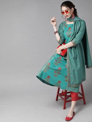 Indo Era Green Floral Printed A-Line Kurta Trouser With Dupatta Set 4