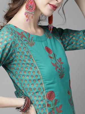 Indo Era Green Floral Printed A-Line Kurta Trouser With Dupatta Set 5