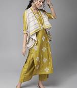 Indo Era Olive Embroidered Straight Kurta Palazzo With Dupatta Set