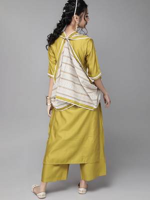 Indo Era Olive Embroidered Straight Kurta Palazzo With Dupatta Set 2