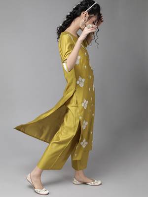 Indo Era Olive Embroidered Straight Kurta Palazzo With Dupatta Set 3