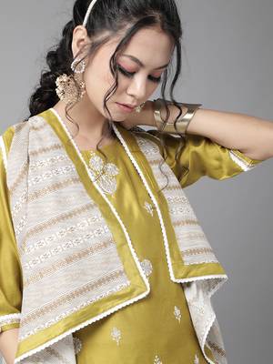 Indo Era Olive Embroidered Straight Kurta Palazzo With Dupatta Set 5