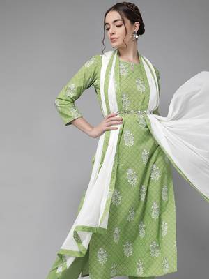 Indo Era Green Printed Straight Kurta Trouser With Dupatta Set 1
