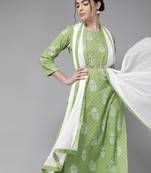 Indo Era Green Printed Straight Kurta Trouser With Dupatta Set