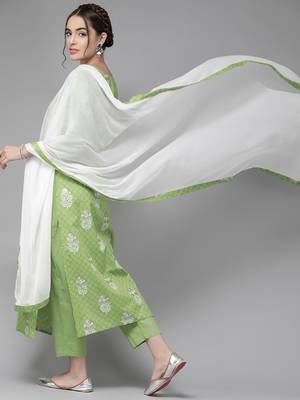 Indo Era Green Printed Straight Kurta Trouser With Dupatta Set 2