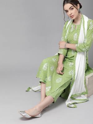 Indo Era Green Printed Straight Kurta Trouser With Dupatta Set 4