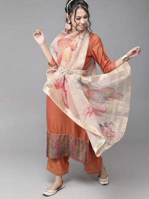 Indo Era Orange Solid Straight Kurta Palazzo with Dupatta Sets 1