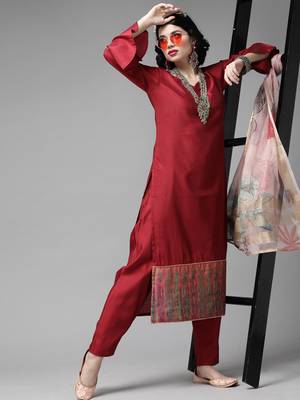 Indo Era Red Foil Floral Printed Kurta Palazzo with Dupatta Sets 1