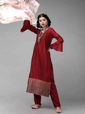 Indo Era Red Foil Floral Printed Kurta Palazzo with Dupatta Sets 4