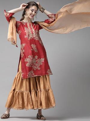 Indo Era Red Printed Straight Kurta Sharara With Dupatta Set 1