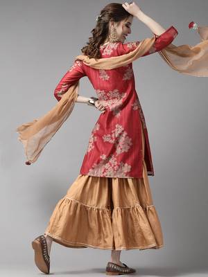 Indo Era Red Printed Straight Kurta Sharara With Dupatta Set 2