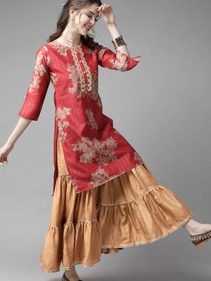 Indo Era Red Printed Straight Kurta Sharara With Dupatta Set 3