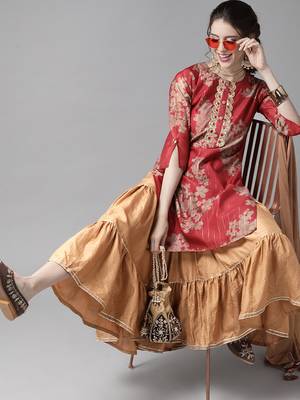 Indo Era Red Printed Straight Kurta Sharara With Dupatta Set 4