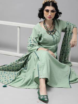 Indo Era Sea Green Embroidered Straight Kurta Sharara With Dupatta Set 1