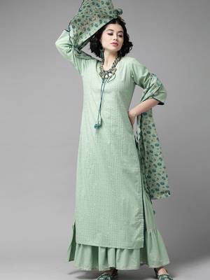 Indo Era Sea Green Embroidered Straight Kurta Sharara With Dupatta Set 3