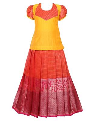 Shivangi Girls Red Blooming Tree Pattu Pavadai 1