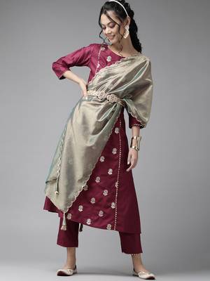 Indo Era Wine Embroidered A-line Kurta Trouser With Dupatta Set 1