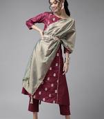 Indo Era Wine Embroidered A-line Kurta Trouser With Dupatta Set