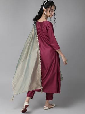 Indo Era Wine Embroidered A-line Kurta Trouser With Dupatta Set 2