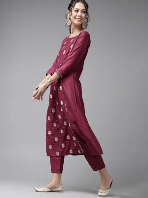 Indo Era Wine Embroidered A-line Kurta Trouser With Dupatta Set 3