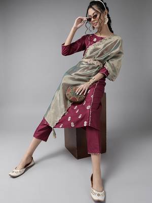 Indo Era Wine Embroidered A-line Kurta Trouser With Dupatta Set 4