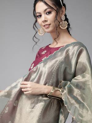 Indo Era Wine Embroidered A-line Kurta Trouser With Dupatta Set 5