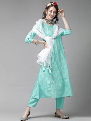 Indo Era Sea Green Embroidered A-line Kurta Trouser With Dupatta Set 1