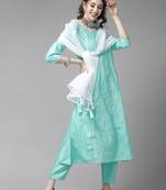 Indo Era Sea Green Embroidered A-line Kurta Trouser With Dupatta Set
