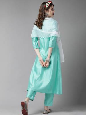 Indo Era Sea Green Embroidered A-line Kurta Trouser With Dupatta Set 2