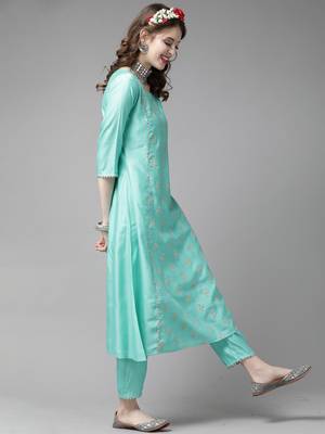 Indo Era Sea Green Embroidered A-line Kurta Trouser With Dupatta Set 3