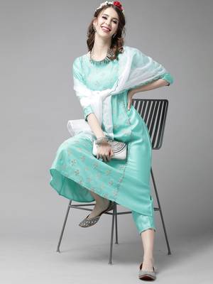 Indo Era Sea Green Embroidered A-line Kurta Trouser With Dupatta Set 4