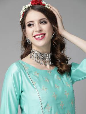 Indo Era Sea Green Embroidered A-line Kurta Trouser With Dupatta Set 5