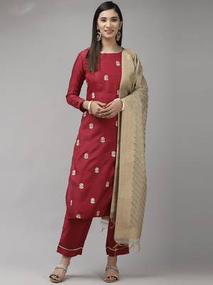 Indo Era Wine Embroidered Straight Kurta Trouser With Dupatta Set 1