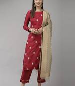 Indo Era Wine Embroidered Straight Kurta Trouser With Dupatta Set