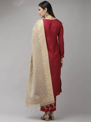 Indo Era Wine Embroidered Straight Kurta Trouser With Dupatta Set 2