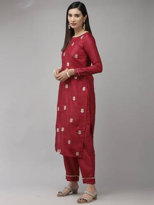 Indo Era Wine Embroidered Straight Kurta Trouser With Dupatta Set 3