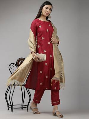 Indo Era Wine Embroidered Straight Kurta Trouser With Dupatta Set 4