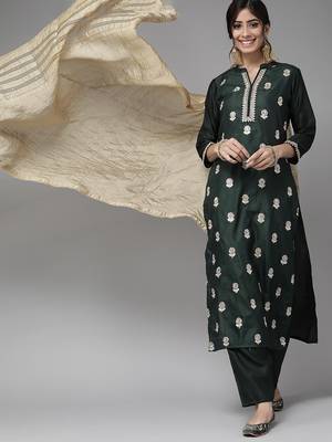 Indo Era Green Embroidered Straight Kurta Palazzo With Dupatta Set 1