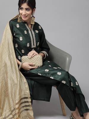 Indo Era Green Embroidered Straight Kurta Palazzo With Dupatta Set 4