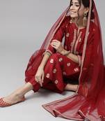 Indo Era Red Embroidered Straight Kurta Trouser With Dupatta Set
